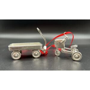Lenox Kirk Stieff Pewter Toy Wagon & Lawn Mower Trike Pewter Ornament USA